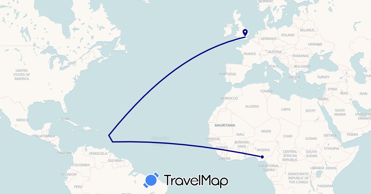 TravelMap itinerary: driving in Barbados, France, United Kingdom, Nigeria (Africa, Europe, North America)
